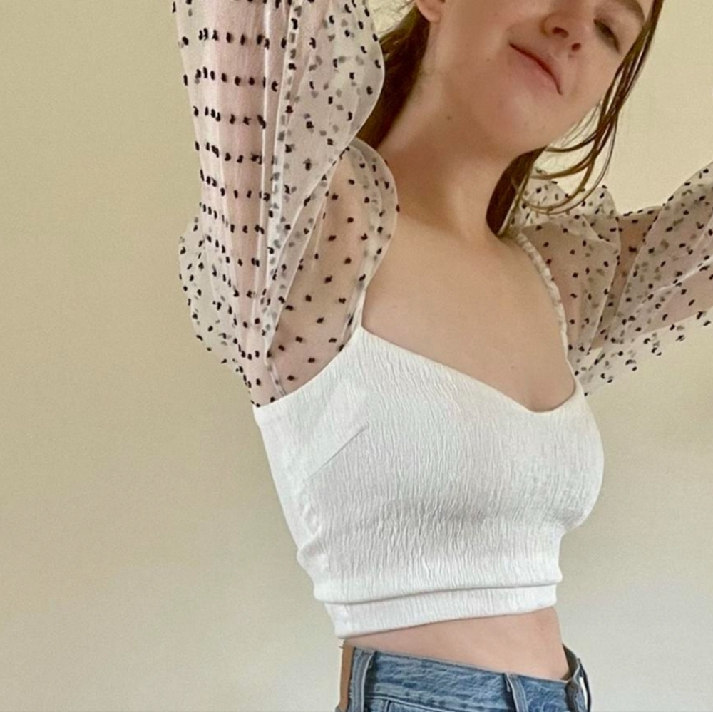 Zara white sheer puff-sleeve blouse crop top with swiss dot organza sleeves